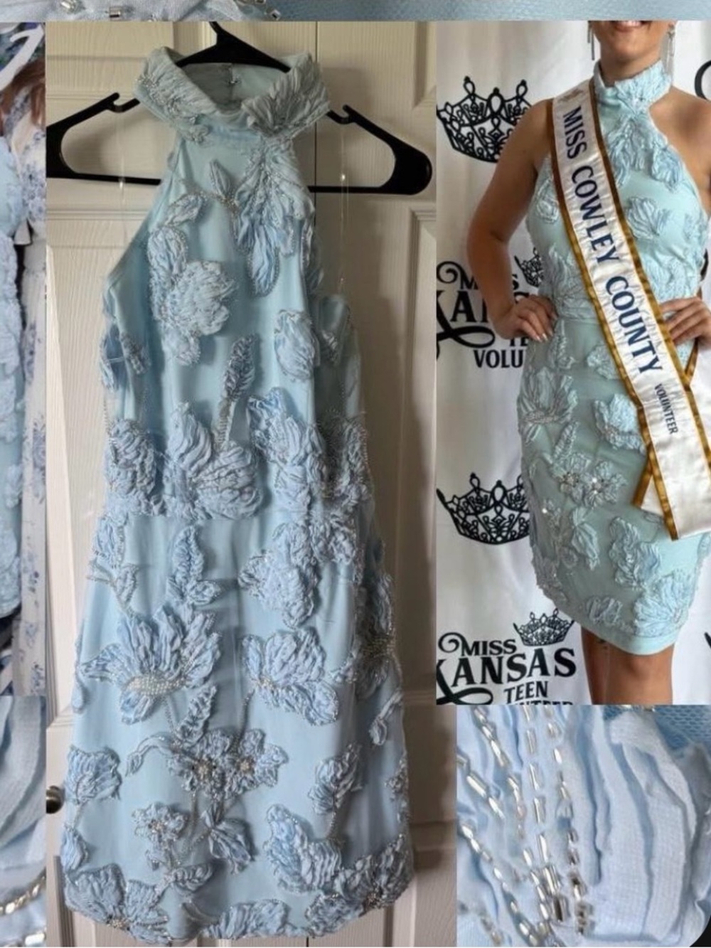 Fashion Nova Light Blue Embroidered Halter Mini Dress